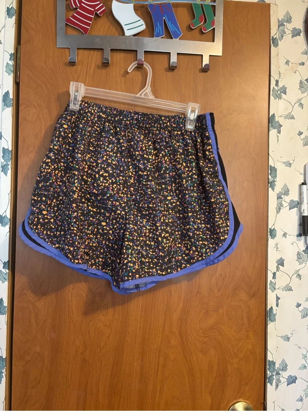 E-1 Nike Black Multicolor Confetti Athletic Shorts with Purple Trim